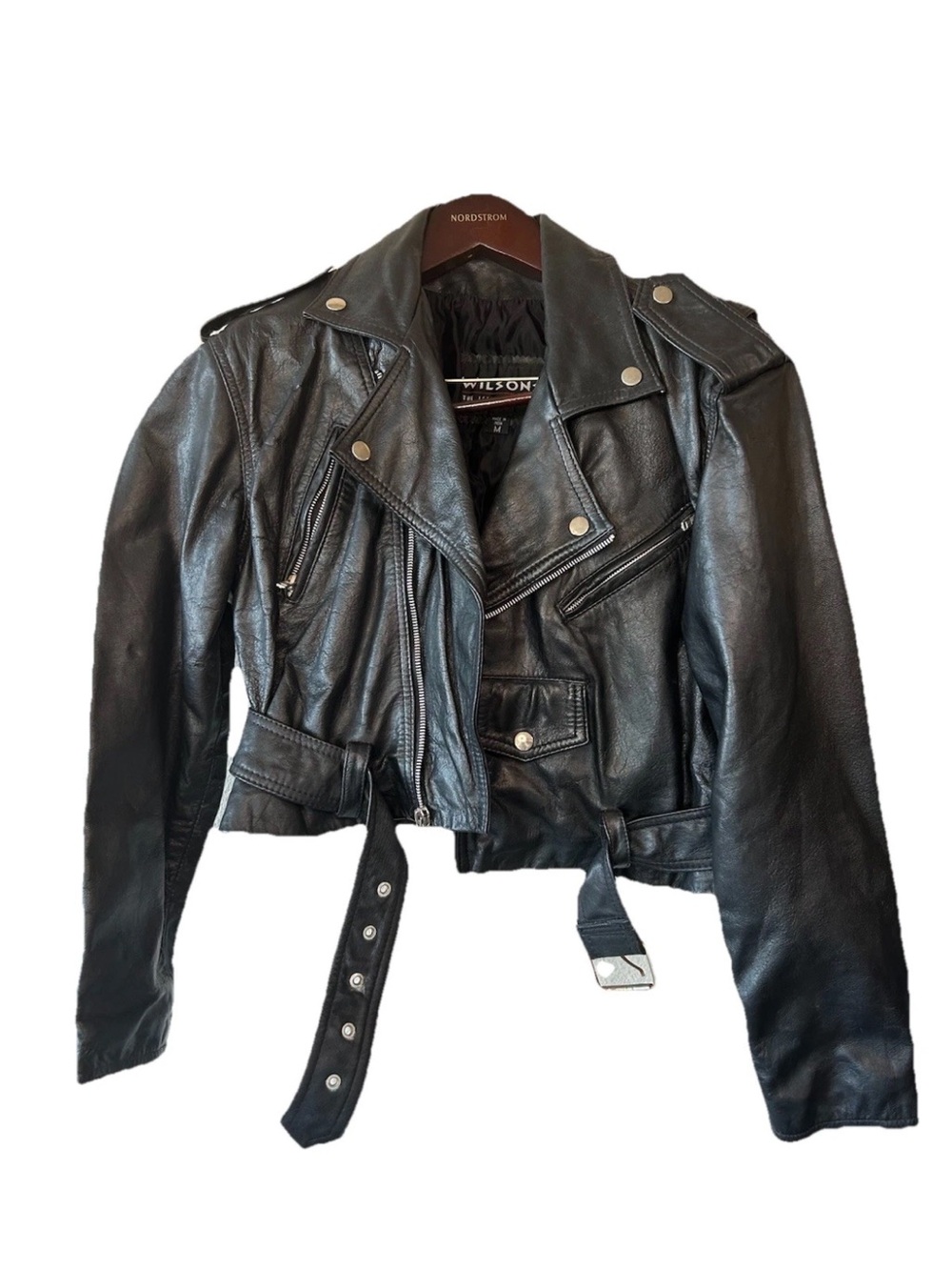 Vintage 90s Wilsons Black Leather Women's Motorcycle Crop Belted Zip Jacket Sz M
